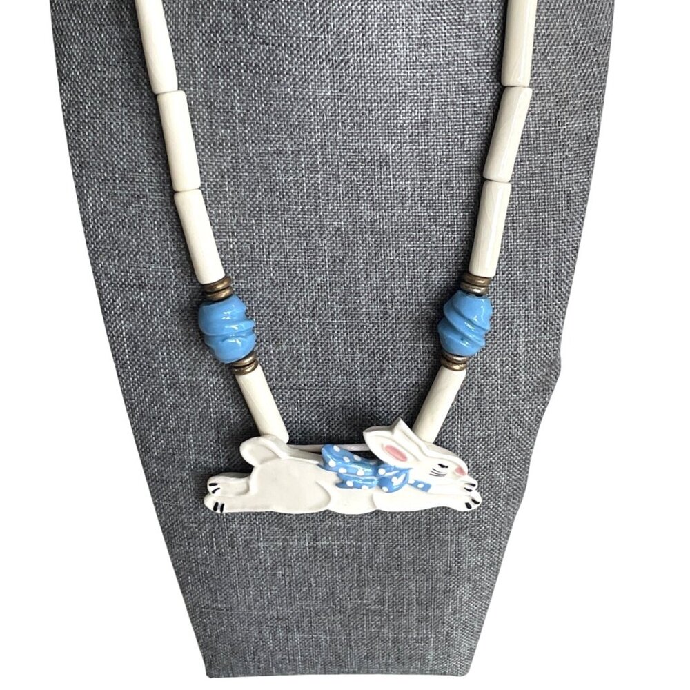 Vintage 80's Shoestrings Ceramic Rabbit Pendant Necklace Blue & White Beads